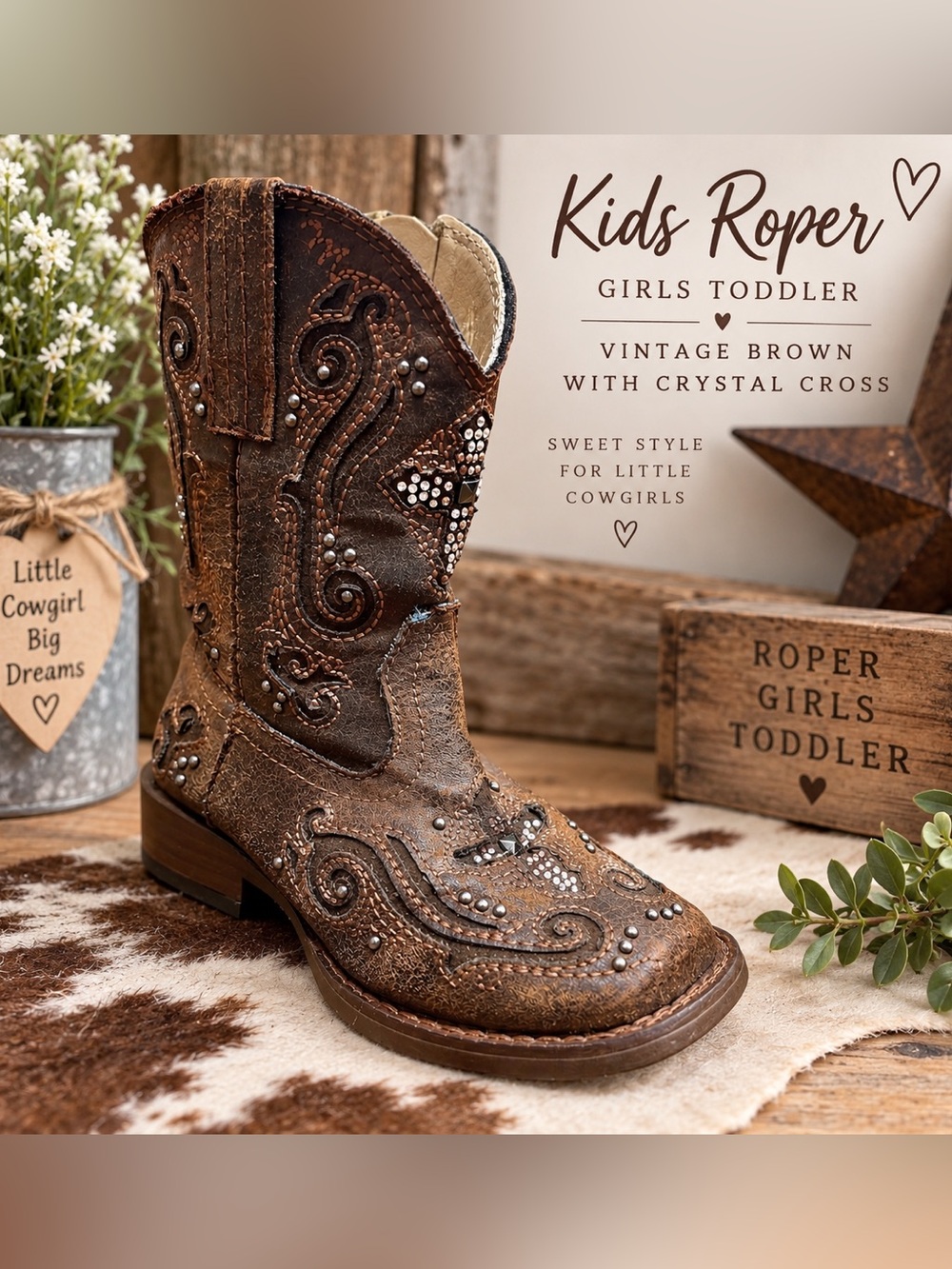 Roper Girls Toddler Cowboy Boots Vintage Brown Crystal Cross Western Boots Sz 6